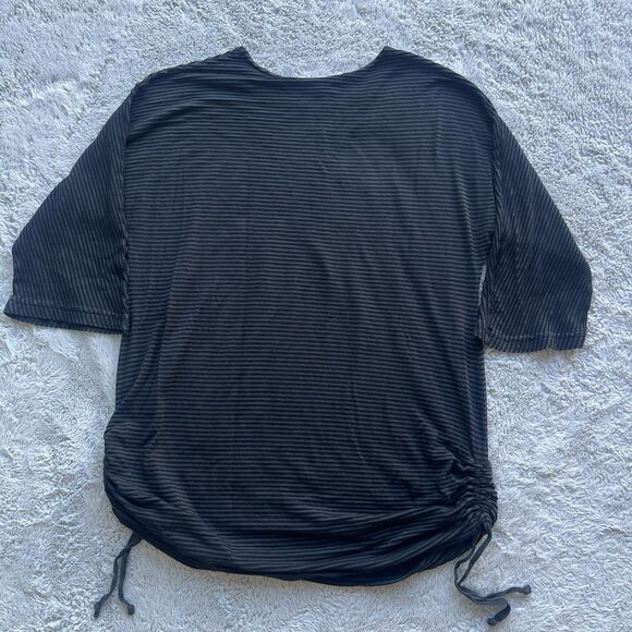 Bryn Walker Ruched Tie Side Striped Tunic Black Gray Cotton Rayon Lagenlook Boho - Picture 7 of 9